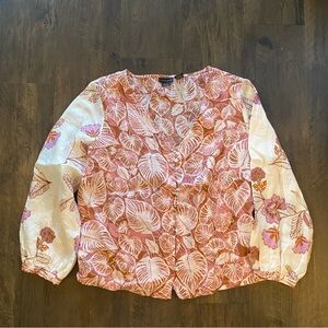Tahari Linen Button-Up Tropical Palm Print Shirt Lightweight Pink Tan Blouse Med